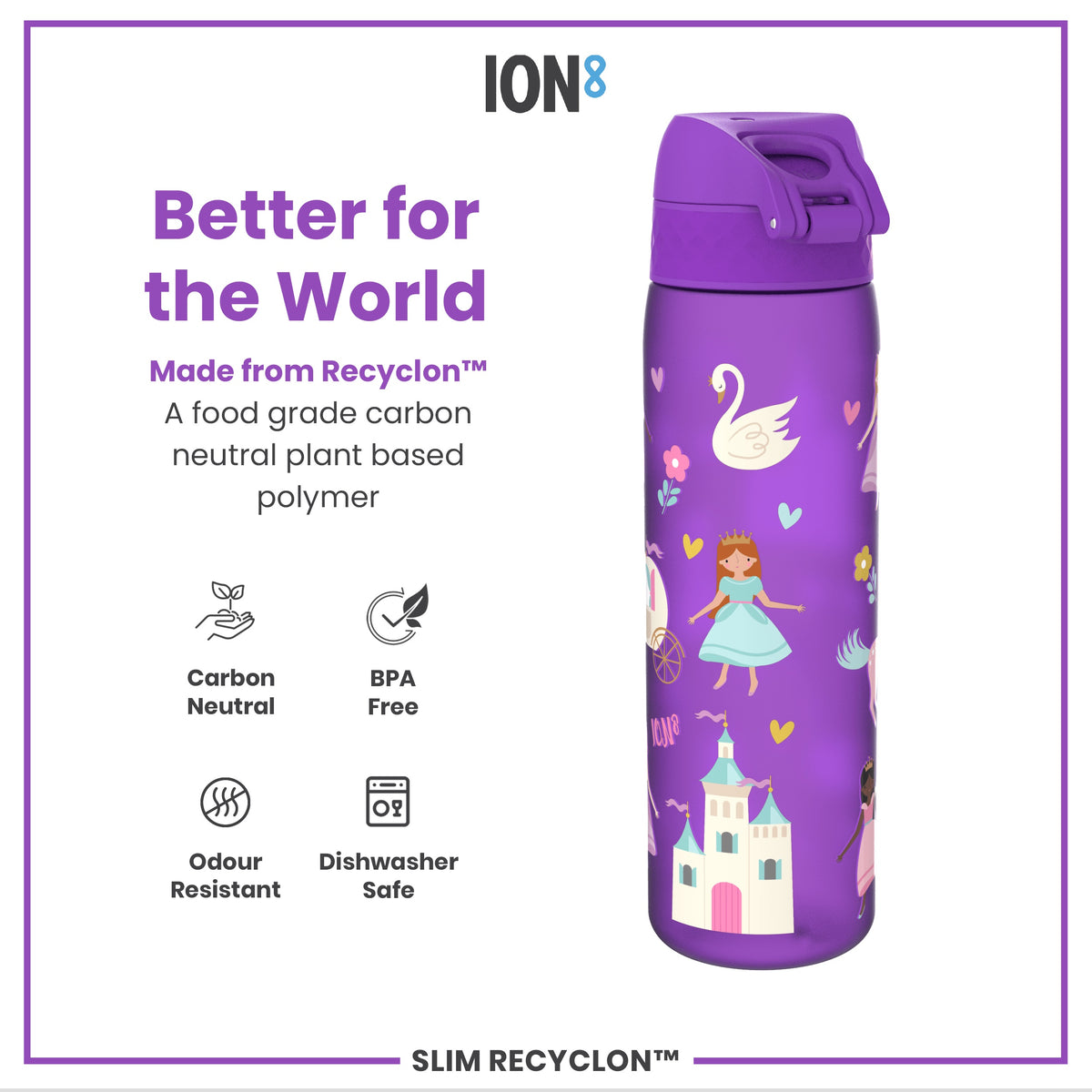 A purple water bottle, featuring a princess and castle design, sits against a white background. The bottle is made from Recyclon™, a plant-based polymer; it is BPA-free, odour-resistant, and dishwasher-safe.