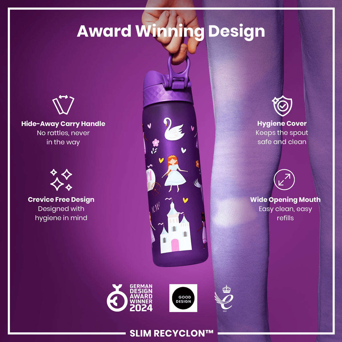 A purple water bottle with a princess design is being held. It features a hide-away handle, hygiene cover, and wide mouth. The bottle is advertised as an award-winning, hygienic design.