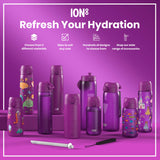 Several purple water bottles, varying in size and design, are displayed on a purple background. They feature child-friendly illustrations and the brand name “ION8”. The context promotes choosing from different materials, sizes, and designs, plus accessories.