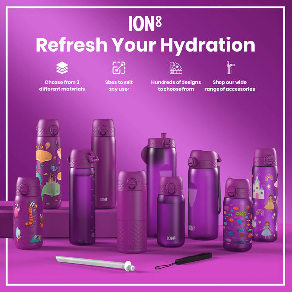 Several purple water bottles, varying in size and design, are displayed on a purple background. They feature child-friendly illustrations and the brand name “ION8”. The context promotes choosing from different materials, sizes, and designs, plus accessories.