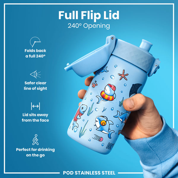 Botella de agua de acero inoxidable antifugas para niños, Tiburones, 400ml (13oz)