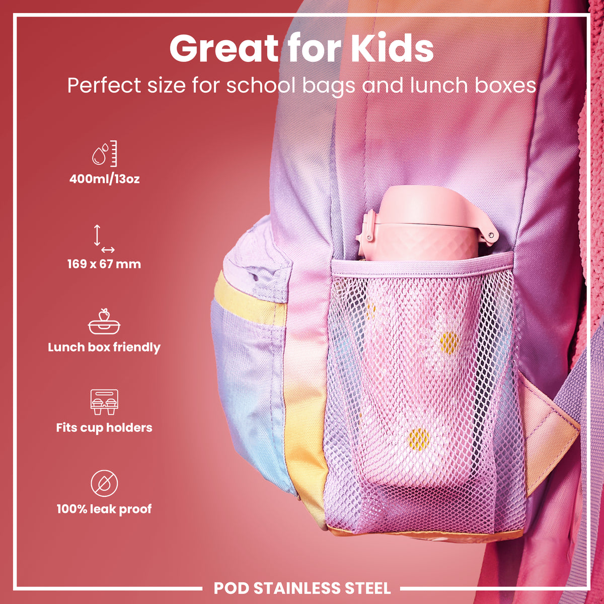 Botella de Agua Antifugas para Niños, Acero Inoxidable, Margaritas, 400ml (13oz)