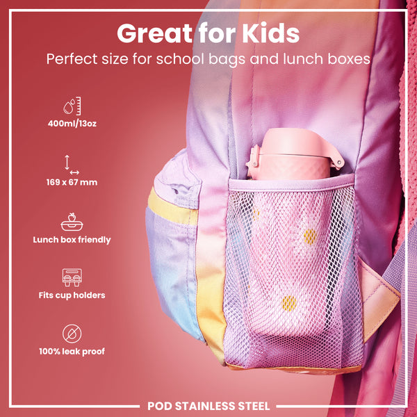 Botella de Agua Antifugas para Niños, Acero Inoxidable, Margaritas, 400ml (13oz)