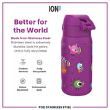A purple, stainless steel water bottle, decorated with cartoon monsters, sits on a white background. The bottle is described as durable, recyclable, carbon neutral, odour resistant, and dishwasher safe.