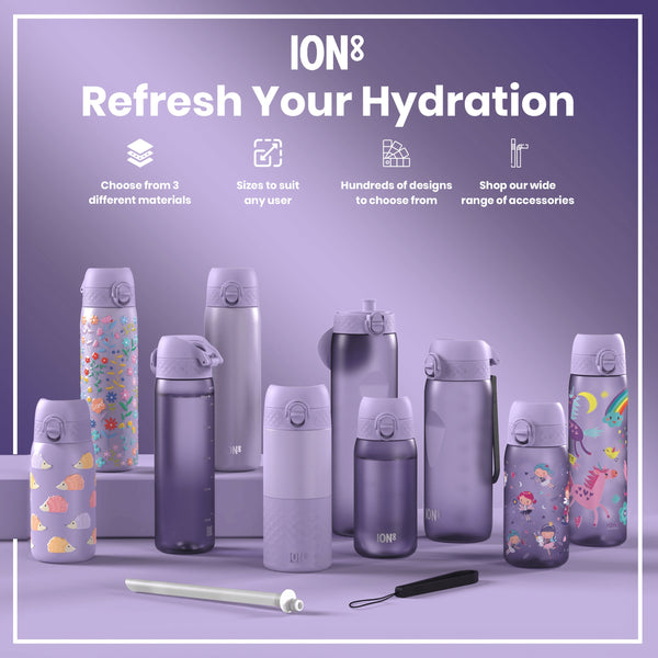 Several lavender-colored water bottles, some with various child-friendly designs, are displayed on a lavender surface. ION8. Refresh Your Hydration. Choose from 3 different materials. Sizes to suit any user. Hundreds of designs to choose from. Shop our wide range of accessories.