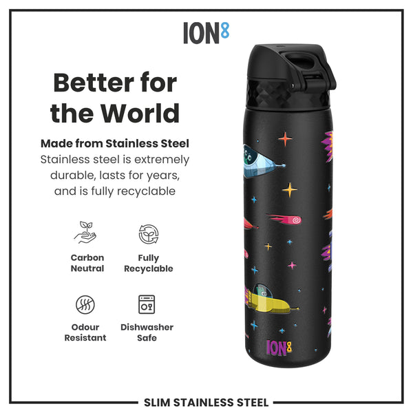 Leak Proof Slim Water Bottle, Stainless Steel, Spaceships, 600ml (20oz)