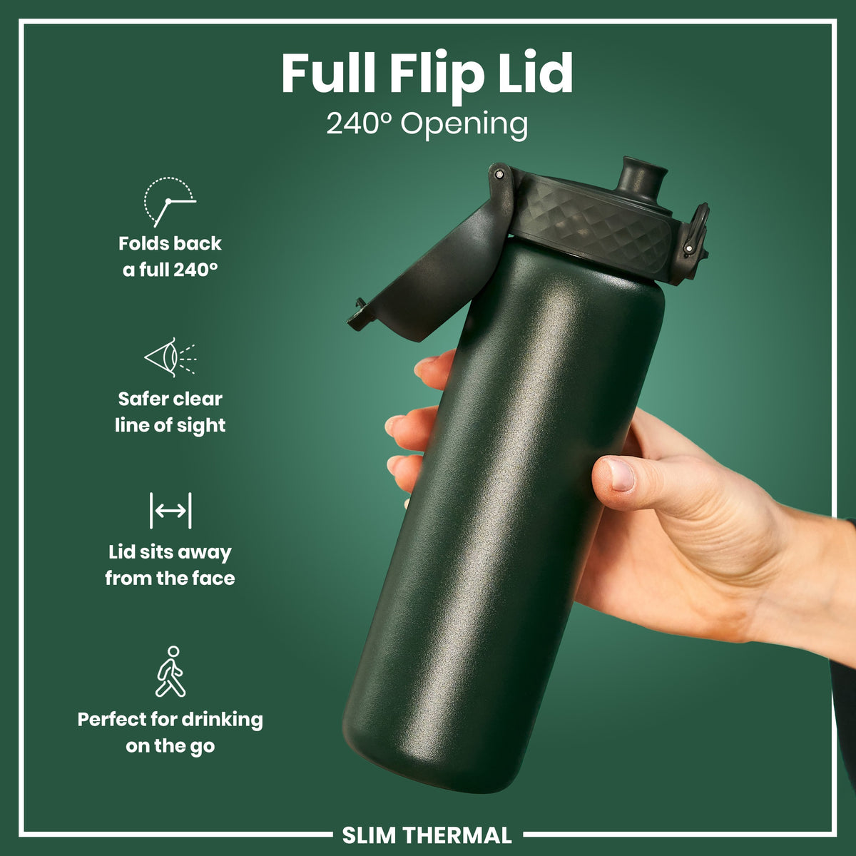 Botella de Agua Térmica Hermética Fina, acero inoxidable con aislamiento, Verde Oscuro, 500ml (17oz)