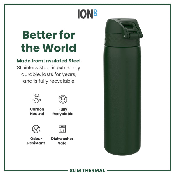 Botella de Agua Térmica Hermética Fina, acero inoxidable con aislamiento, Verde Oscuro, 500ml (17oz)