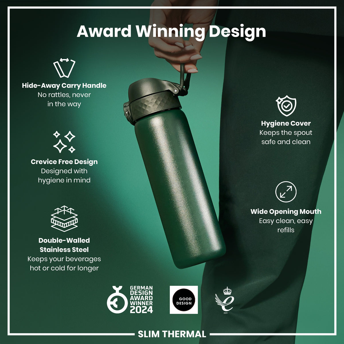 Botella de Agua Térmica Hermética Fina, acero inoxidable con aislamiento, Verde Oscuro, 500ml (17oz)