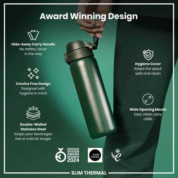 Botella de Agua Térmica Hermética Fina, acero inoxidable con aislamiento, Verde Oscuro, 500ml (17oz)