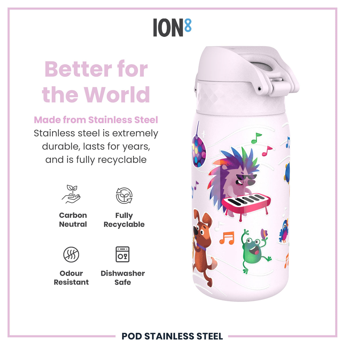 Botella de agua infantil antifugas, acero inoxidable, Animal Band, 400ml (13oz)