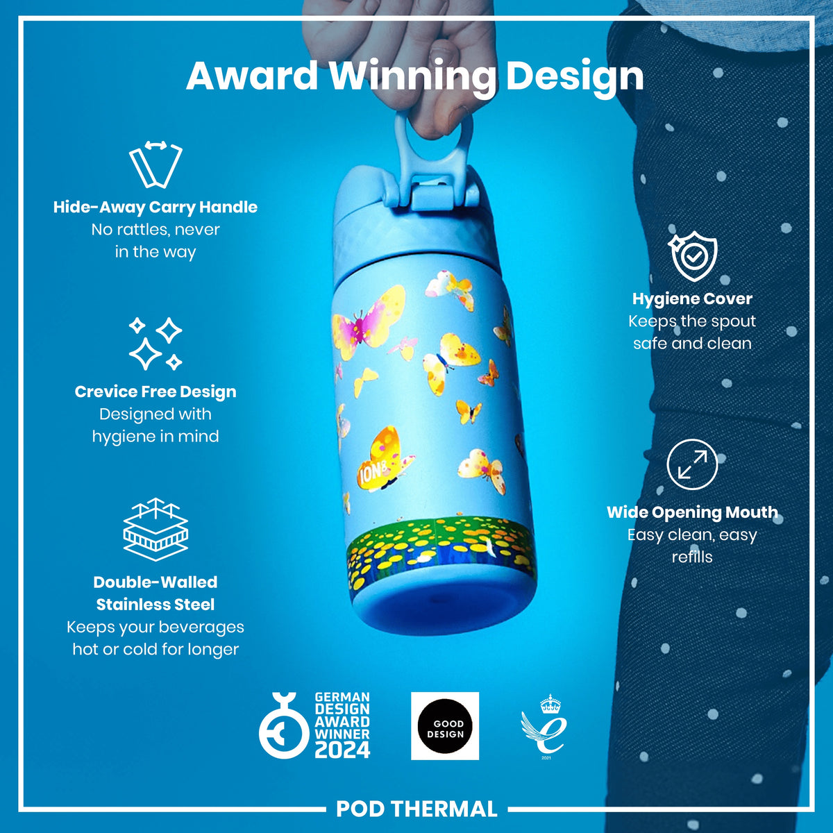 Botella de agua térmica de acero antifugas, aislada, Butterfly Catcher, 320 ml (11 oz)