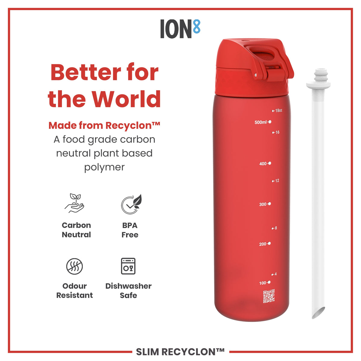 Botella de agua mediana antifugas con pajita, Recyclon, roja, 500ml (18oz)