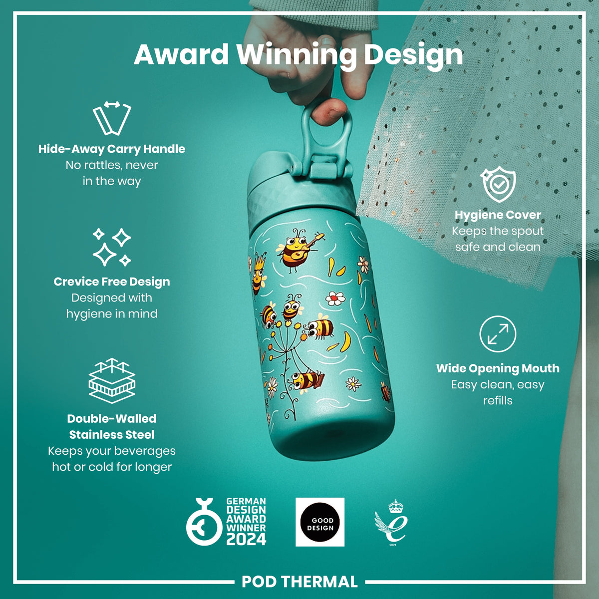 Botella de Agua Térmica de Acero Inoxidable antifugas, Aislada, Abejas, 320ml (11oz)