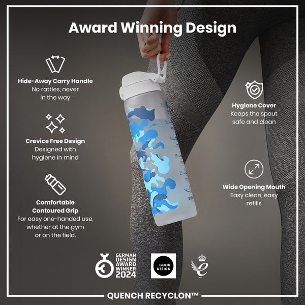 Leak Proof 1 Litre Water Bottle with Times to Drink, Recyclon, Camouflage, 1L