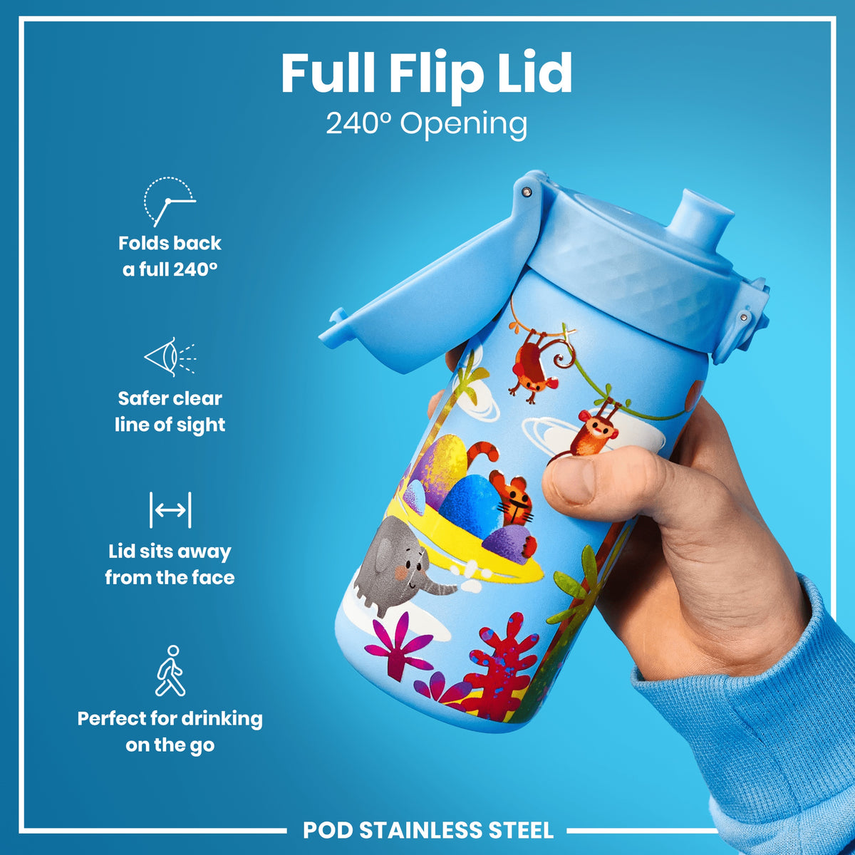 Botella de agua antifugas para niños, acero inoxidable, Safari, 400ml (13oz)