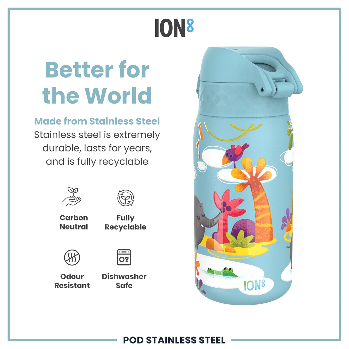 Botella de agua antifugas para niños, acero inoxidable, Safari, 400ml (13oz)