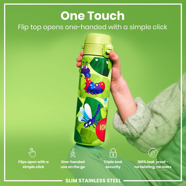 Botella de agua estrecha antifugas, acero inoxidable, Bichos, 600ml (20oz)