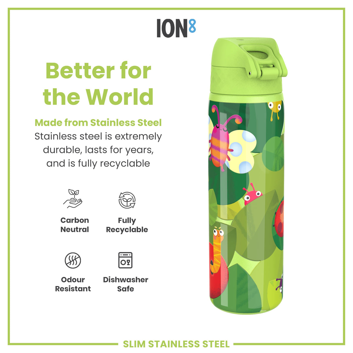 Botella de agua estrecha antifugas, acero inoxidable, Bichos, 600ml (20oz)