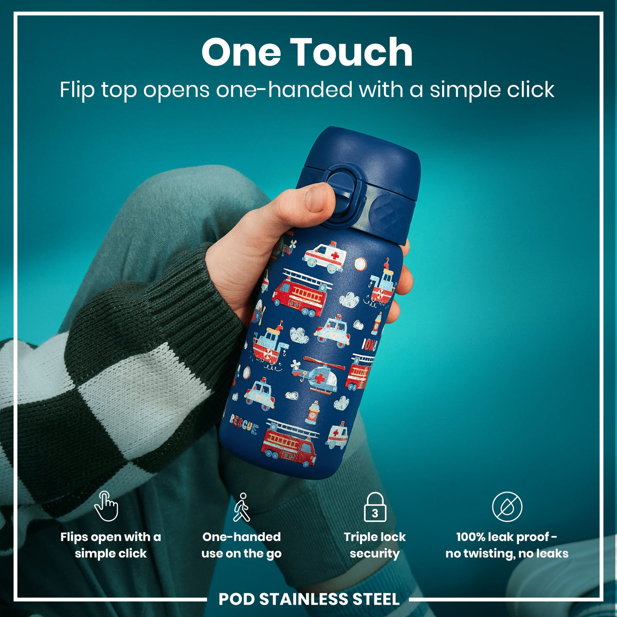Botella de agua de acero inoxidable antifugas para niños, vehículos de rescate, 400ml (13oz)