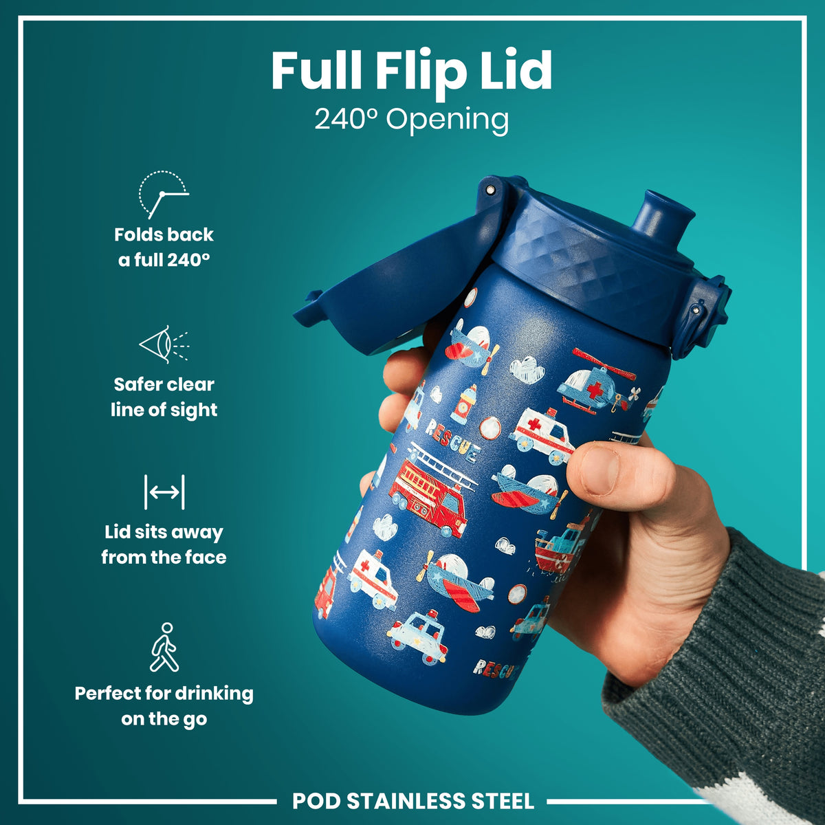 Botella de agua de acero inoxidable antifugas para niños, vehículos de rescate, 400ml (13oz)