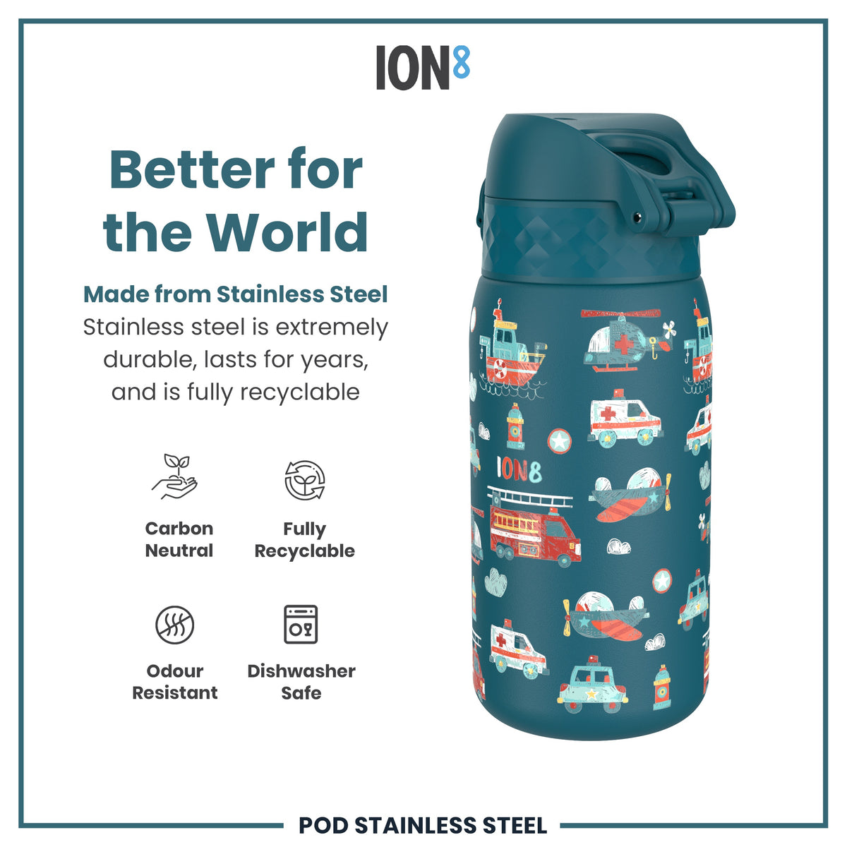 Botella de agua de acero inoxidable antifugas para niños, vehículos de rescate, 400ml (13oz)