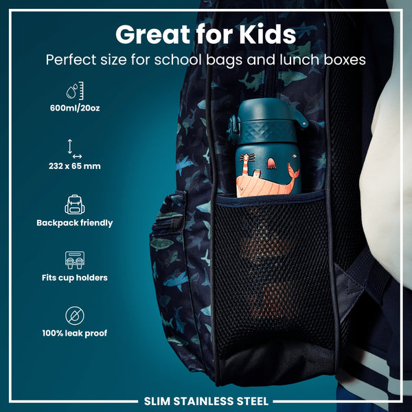 A teal water bottle, fitting in a backpack's mesh pocket, is shown against a teal background. "Great for Kids," "Perfect size for school bags and lunch boxes," "600ml/20oz," "232 x 65 mm," "Backpack friendly," "Fits cup holders," "100% leak proof," and "SLIM STAINLESS STEEL" are also shown.