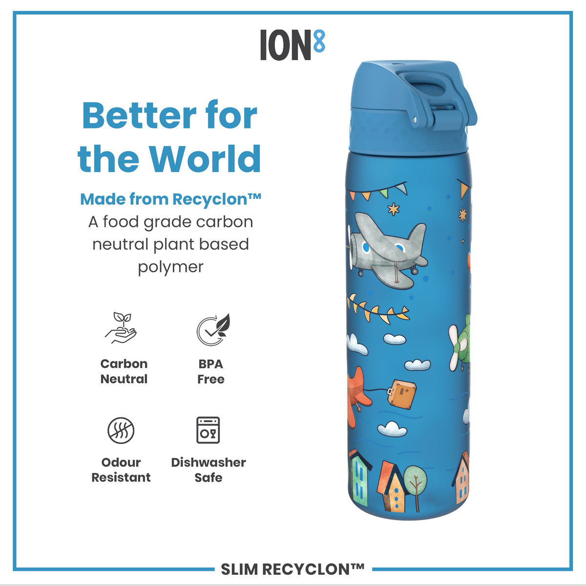 Botella de Agua Estrecha antifugas, Recyclon, Aviones, 500ml (18oz)