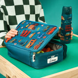 A rectangular teal lunchbox showcases colorful cartoon vehicles including cars, buses, and trucks with road signs such as 