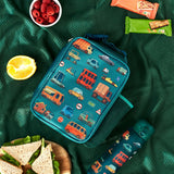 A rectangular teal lunchbox showcases colorful cartoon vehicles including cars, buses, and trucks with road signs such as 