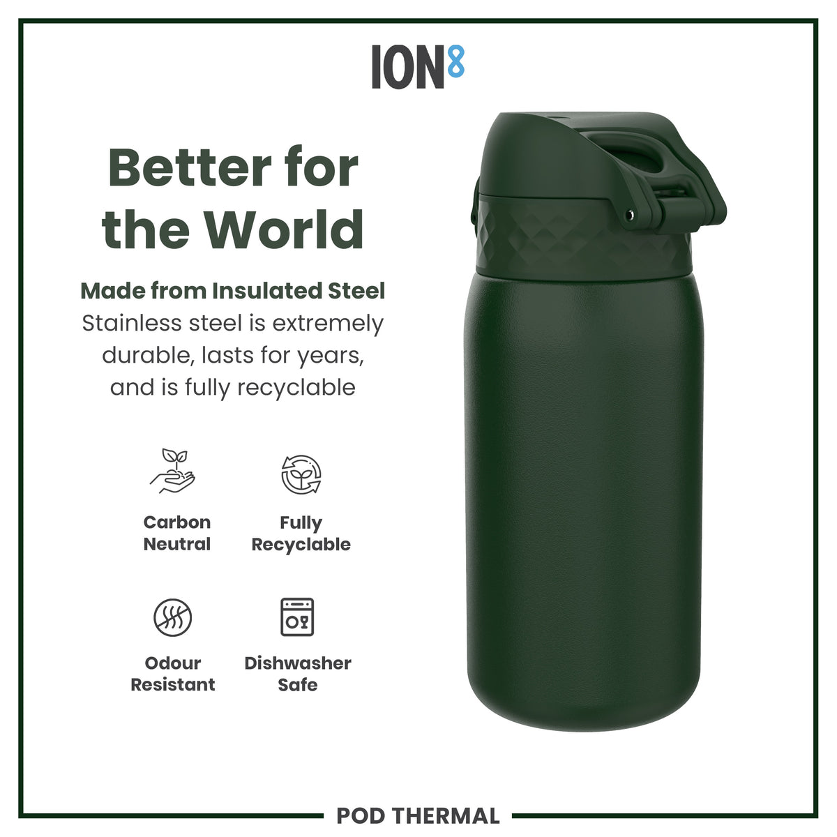 Leak Proof Thermal Steel Water Bottle, Insulated, Dark Green, 320ml (11oz)