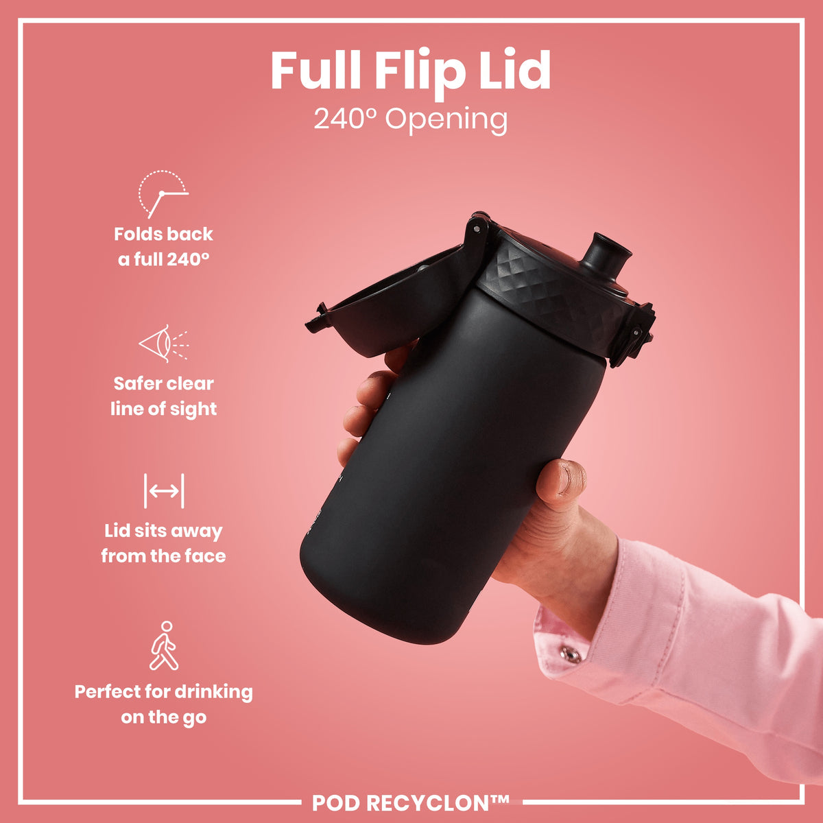 Botella de agua pequeña antifugas con pajita, Recyclon, negra, 350ml (12oz)