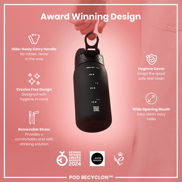Botella de agua pequeña antifugas con pajita, Recyclon, negra, 350ml (12oz)