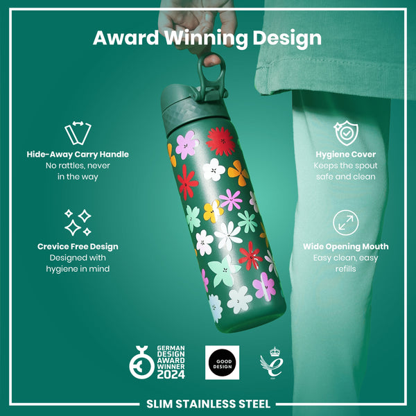 Botella de Agua Estrecha antifugas, Acero Inoxidable, Floral, 600ml (20oz)