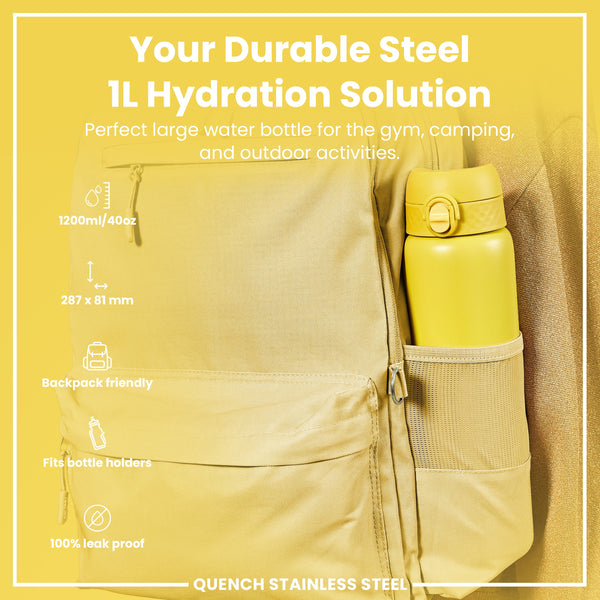Leak Proof 1 Litre Water Bottle, Stainless Steel, Yellow, 1L