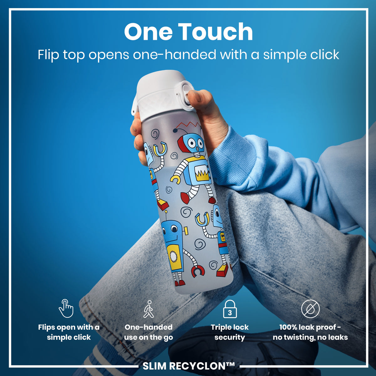Leak Proof Slim Water Bottle, Recyclon, Robots, 500ml (18oz)