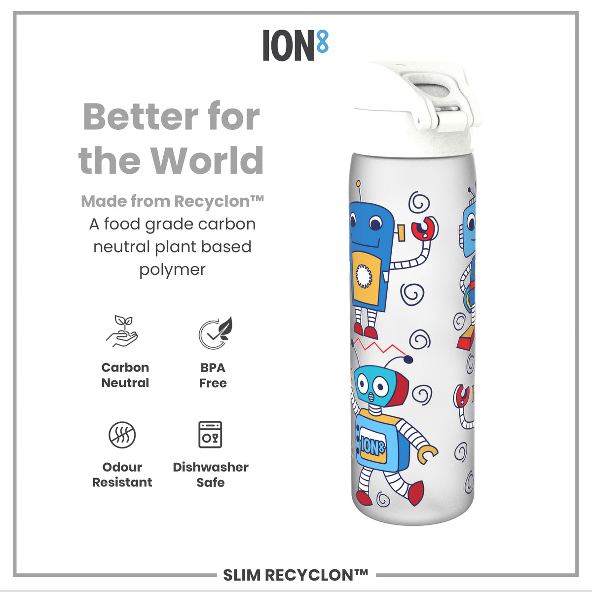 Leak Proof Slim Water Bottle, Recyclon, Robots, 500ml (18oz)