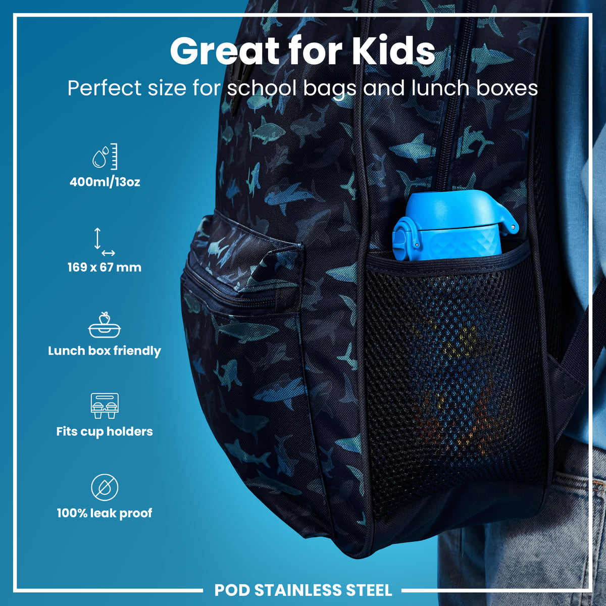 Bote de agua antifugas para niños, acero inoxidable, tortuga marina, 400ml (13oz)
