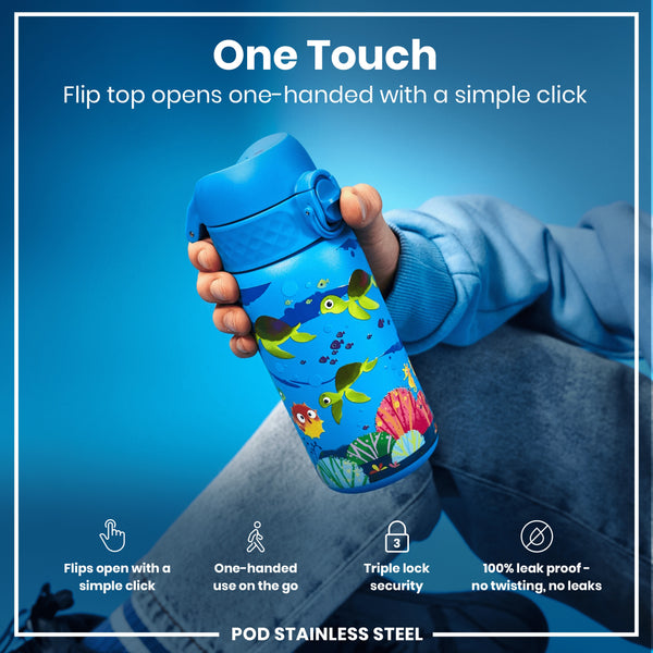 Bote de agua antifugas para niños, acero inoxidable, tortuga marina, 400ml (13oz)