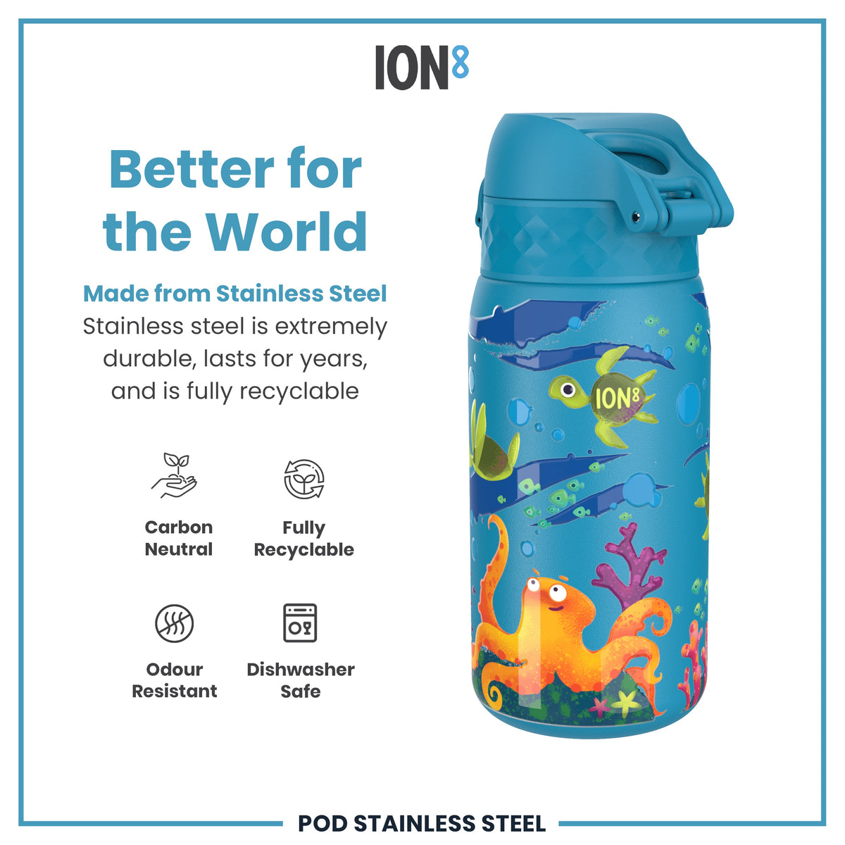 Bote de agua antifugas para niños, acero inoxidable, tortuga marina, 400ml (13oz)