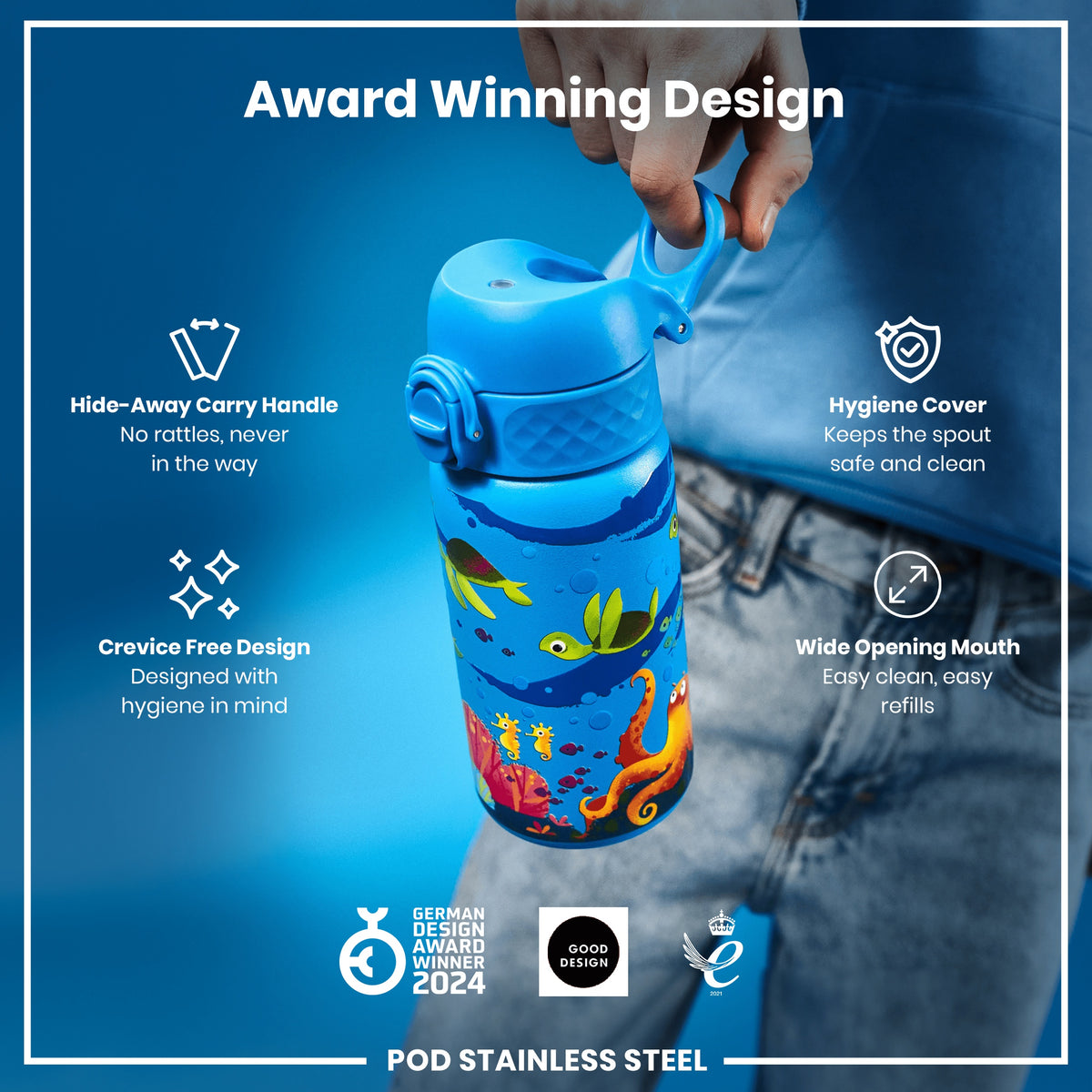 Bote de agua antifugas para niños, acero inoxidable, tortuga marina, 400ml (13oz)