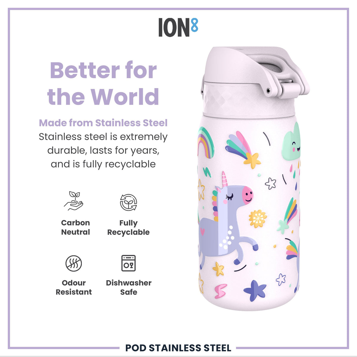 Botella de agua antifugas para niños, acero inoxidable, unicornios, 400ml