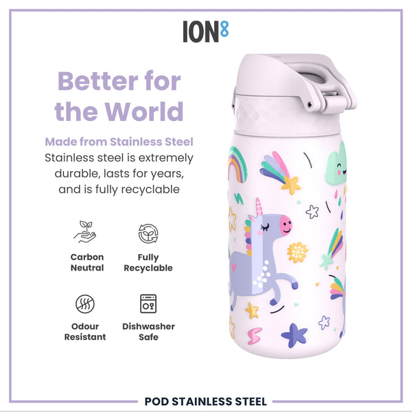 Botella de agua antifugas para niños, acero inoxidable, unicornios, 400ml