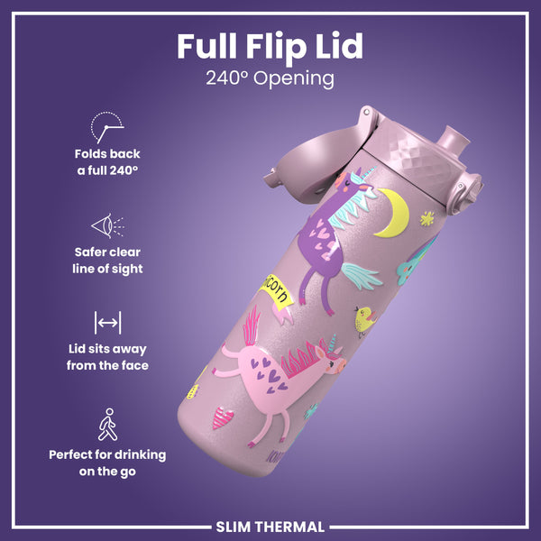 Leak Proof Slim Thermal Steel Water Bottle, Insulated, Unicorns, 500ml (17oz)
