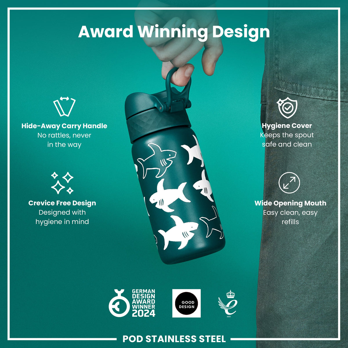 Leak Proof Thermal Steel Water Bottle, Insulated, Sharks, 320ml (11oz)