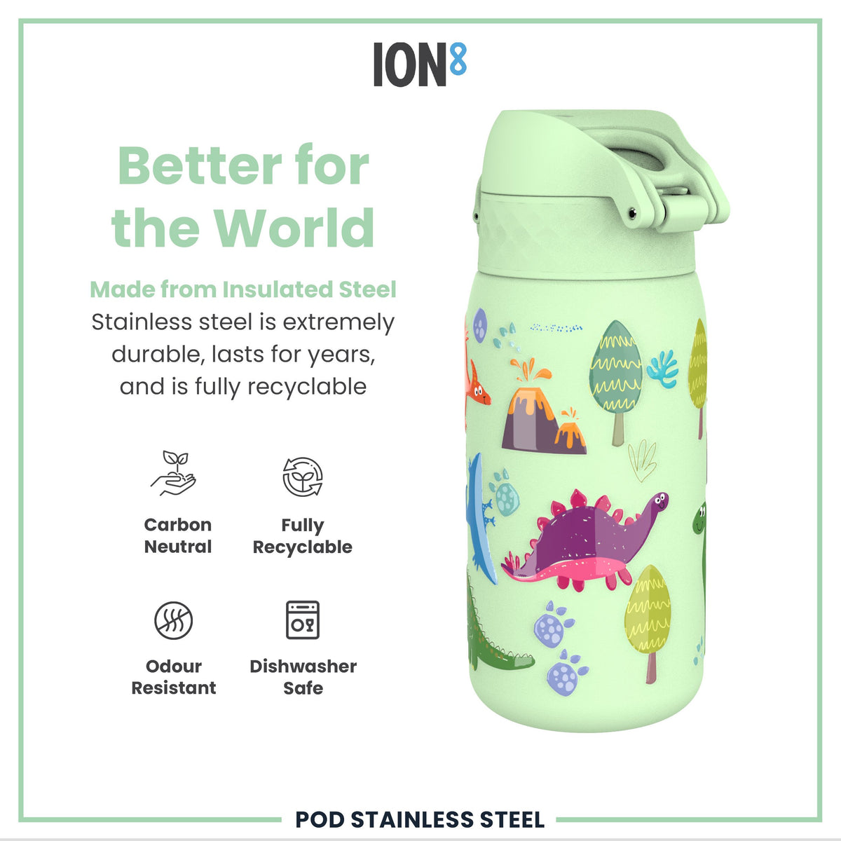 Leak Proof Thermal Steel Water Bottle, Insulated, Dinosaurs, 320ml (11oz)