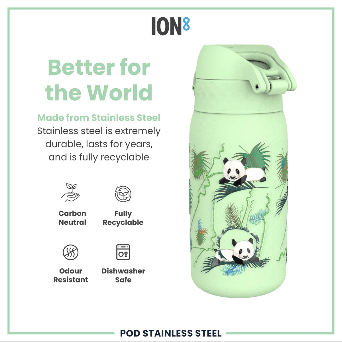 Botella de agua infantil antifugas, acero inoxidable, pandas, 400ml (13oz)