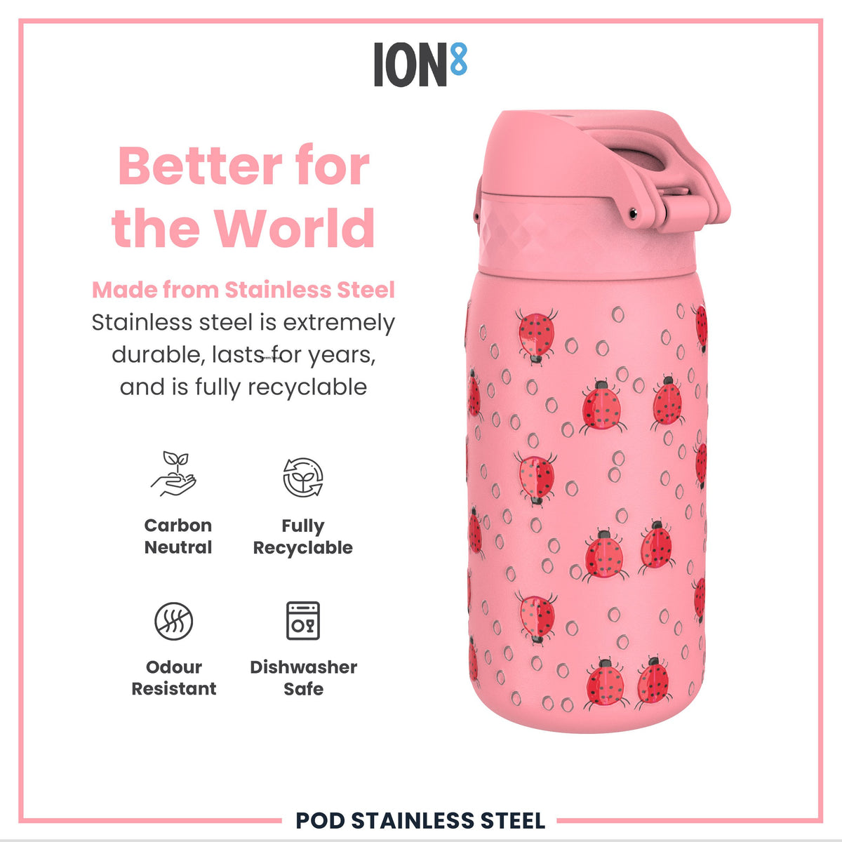 Botella de agua de acero inoxidable para niños, antifugas, Mariquitas, 400ml (13oz)
