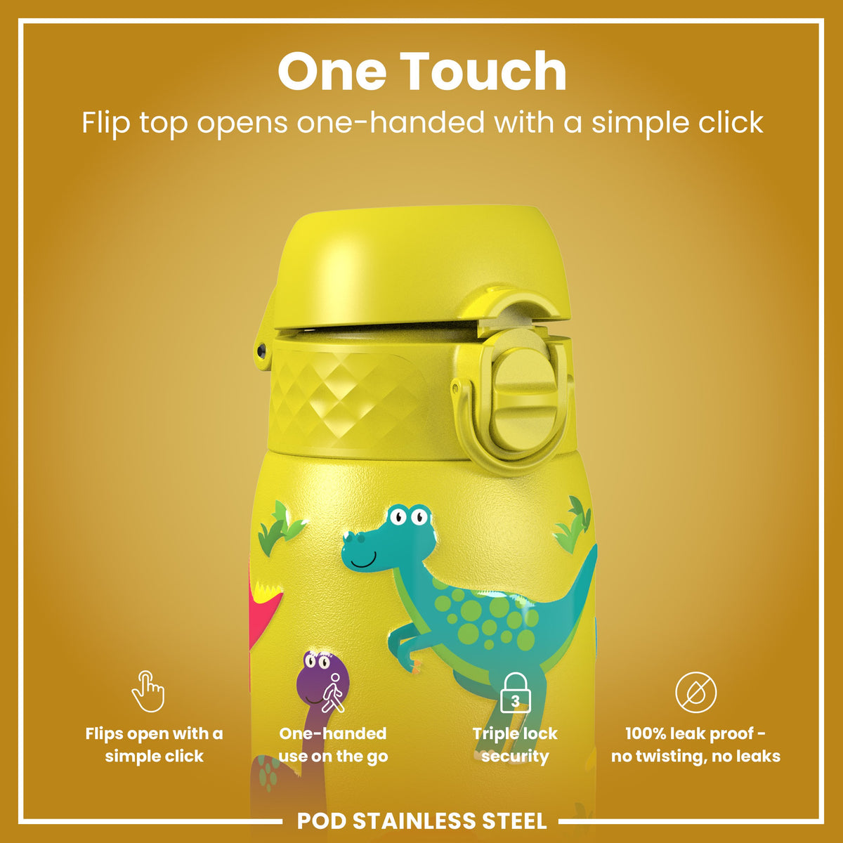 Botella de agua de acero inoxidable para niños, antifugas, diseño de dinosaurios, 400 ml (13 oz)