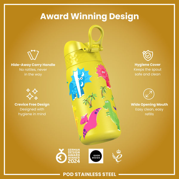 Botella de agua de acero inoxidable para niños, antifugas, diseño de dinosaurios, 400 ml (13 oz)